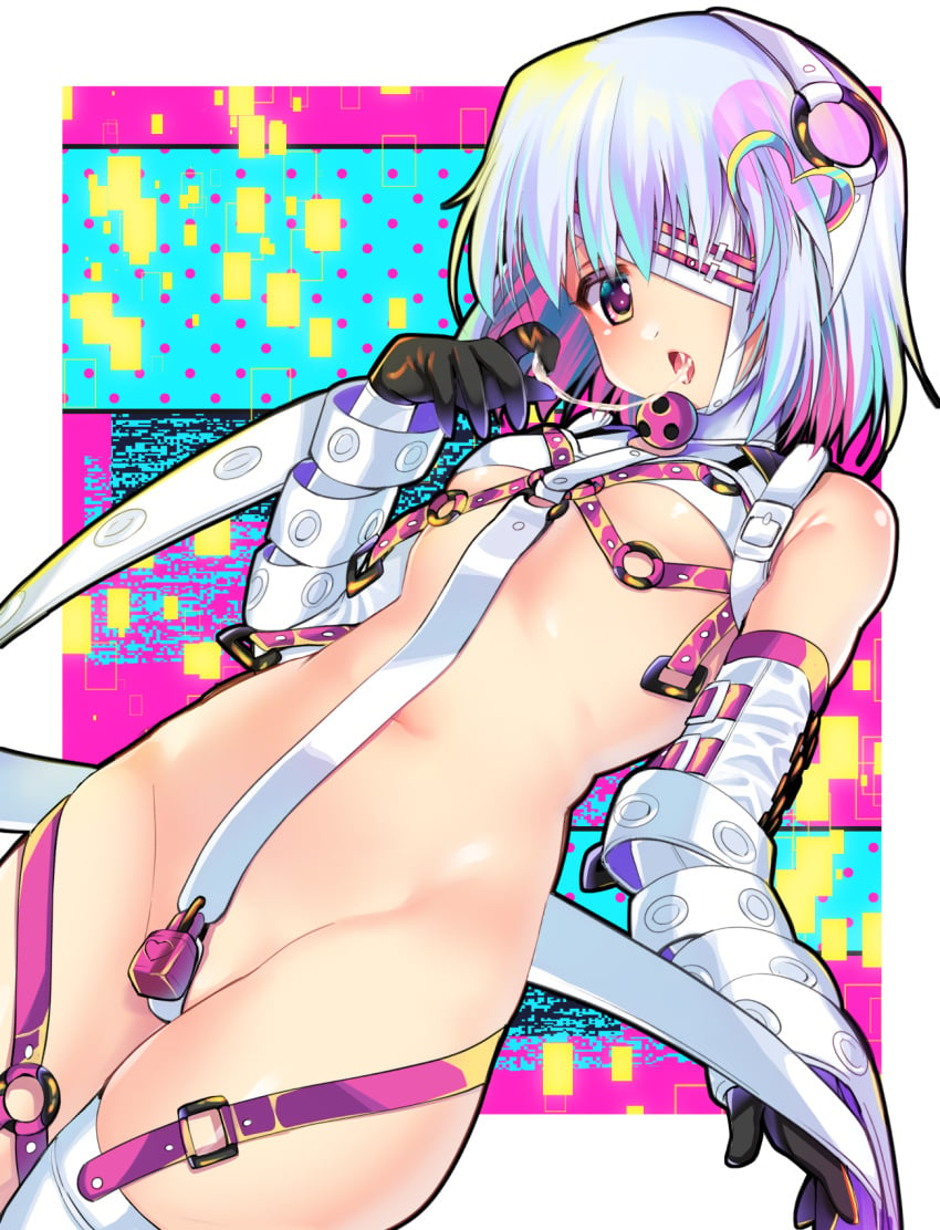 ball_gag bangs black_gloves breasts cum cum_in_mouth cum_string dohna_dohna eyepatch female gag gloves groin hair_ornament hand_up heart heart_hair_ornament highres light_blue_hair lock multicolored_eyes multicolored_hair navel nnmi11 o-ring open_mouth padlock pink_eyes pink_hair porno_(dohna_dohna) purple_pupils revealing_clothes short_hair single_thighhigh small_breasts solo thighhighs underboob white_eyepatch white_hair yellow_eyes