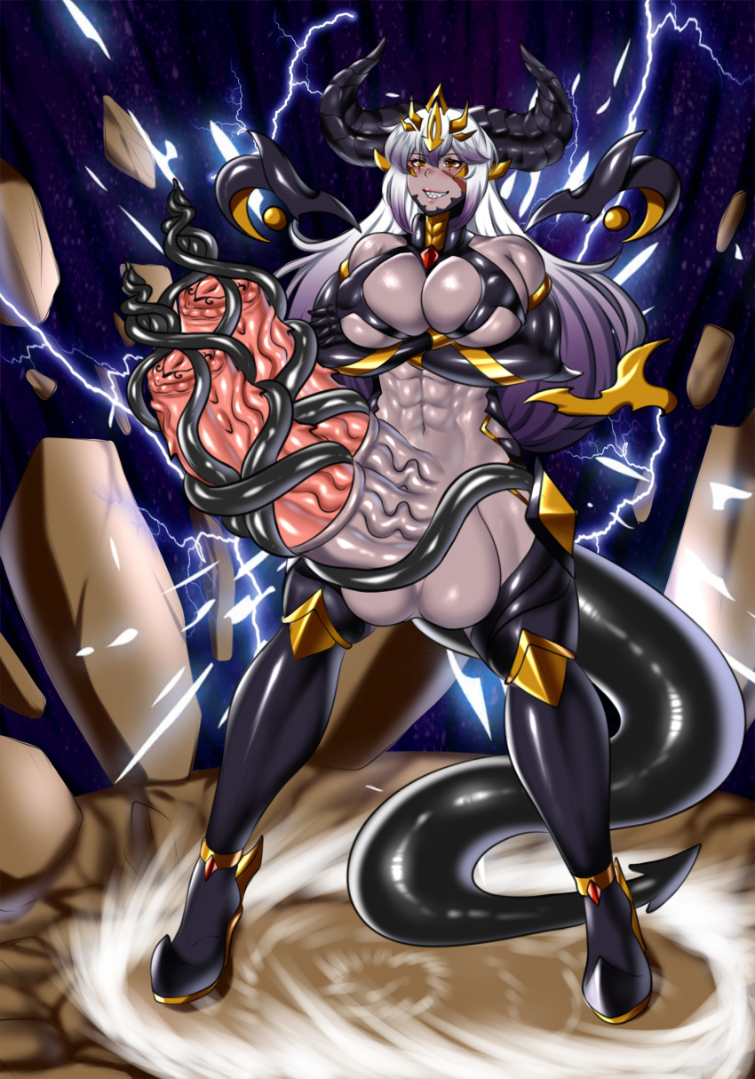 abs big_breasts big_penis boots cloire_clover copyright_request crossed_arms demon demon_girl demon_horns erect_nipples_under_clothes futa_only futanari gloves gradient_hair heel_boots horsecock jewelry large_breasts large_penis mostly_nude multicolored_hair muscular muscular_futanari pale-skinned_futanari pale_skin partially_clothed scar sharp_teeth solo tail tendrils tentacle tessa_atelier testicles veiny_penis yellow_eyes