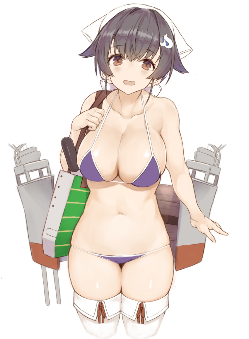 bangs big_breasts bikini black_hair blue_bikini brown_eyes cleavage female female_only goekawa hair_flaps hairclip headscarf headwear huge_breasts jingei_(kantai_collection) kantai_collection looking_at_viewer solo swimsuit thick_thighs thighhighs tied_hair white_legwear white_thighhighs