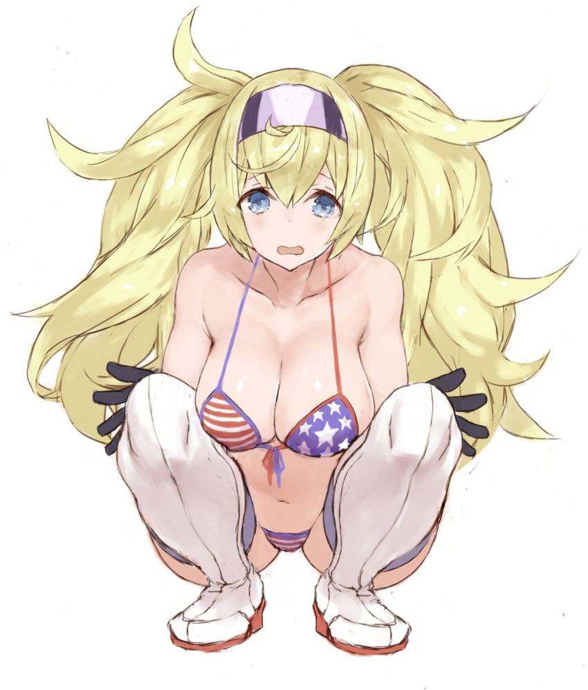 american_flag_bikini bangs big_breasts bikini black_gloves blonde_hair blue_eyes cleavage female female_only gambier_bay_(kantai_collection) gloves hairband hanging_breasts kantai_collection long_hair messy_hair solo squatting swimsuit tg290 thigh_boots twintails white_legwear