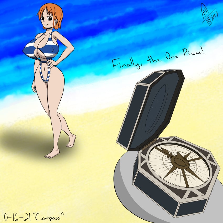 1girls 2021 beach big_breasts breasts cameltoe compass english_text female female_only large_breasts nami navel nipple_bulge one-piece_swimsuit one_piece orange_hair sling_bikini stripes supermoonshroom text thin_waist watermark