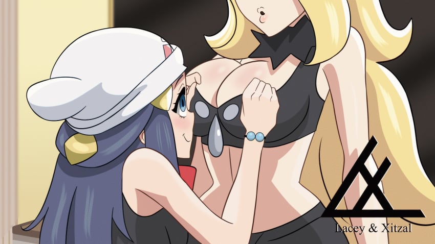 2girls age_difference alternate_breast_size animated areolae big_breasts blush bursting_breasts cynthia_(pokemon) dawn_(pokemon) erect_nipples fat_ass female female_only game_freak huge_breasts human laceysx laceyxitzal large_breasts lesbian nintendo open_mouth pale-skinned_female pokemon pokemon_dppt small_breasts undressing_another yuri