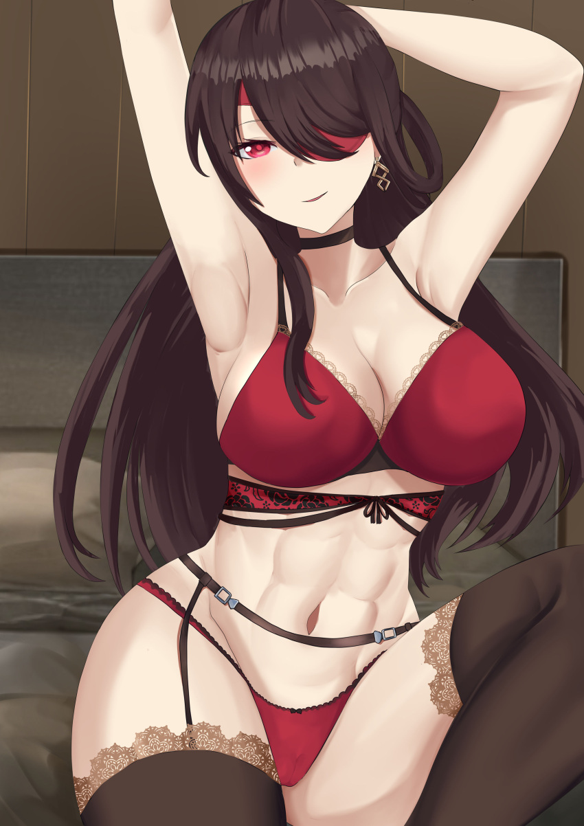 1girls abs beidou_(genshin_impact) belly_button big_breasts bra brown_hair eye_patch female female_only garter_belt genshin_impact large_breasts lingerie long_hair looking_at_viewer panties red_eyes solo solo_female thick thick_thighs thighhighs tian_kazuki voluptuous