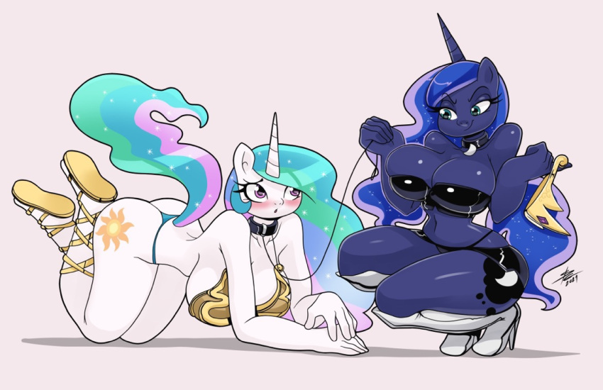 big_ass big_breasts big_butt bondage collar female female_only femdom femsub friendship_is_magic inside leash leash_and_collar my_little_pony petplay princess_celestia_(mlp) princess_luna_(mlp) sergioghi sisters smooth_skin yuri