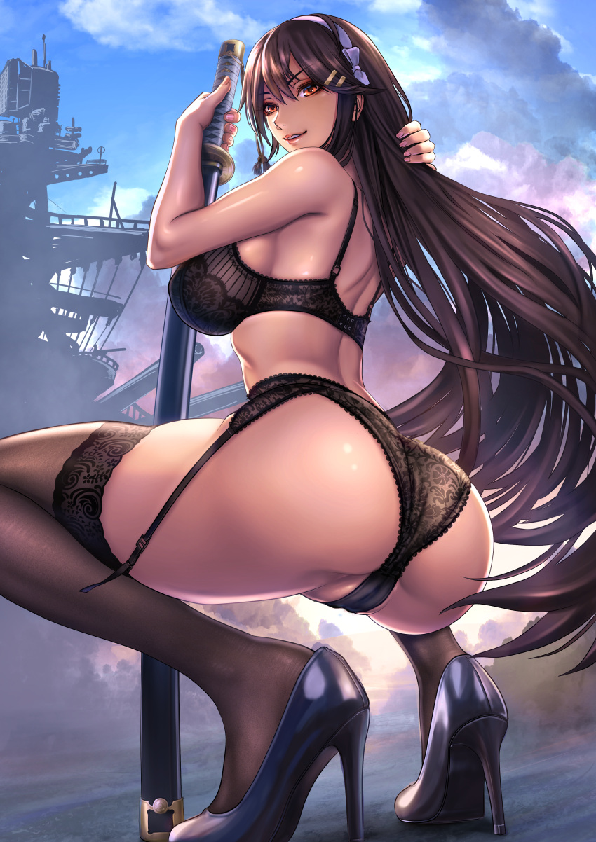 big_ass big_breasts black_bra black_legwear black_panties bra brown_hair cameltoe female female_only full_body garter_belt garter_straps hairband hairclip haruna_(kantai_collection) hi_res high_heels huge_ass kantai_collection katana lace-trimmed_bra lace-trimmed_panties lace-trimmed_thighhighs lingerie long_hair looking_at_viewer looking_back panties realistic sadakage sheer_legwear solo squatting stockings sword thick_thighs thighhighs very_long_hair zettai_ryouiki