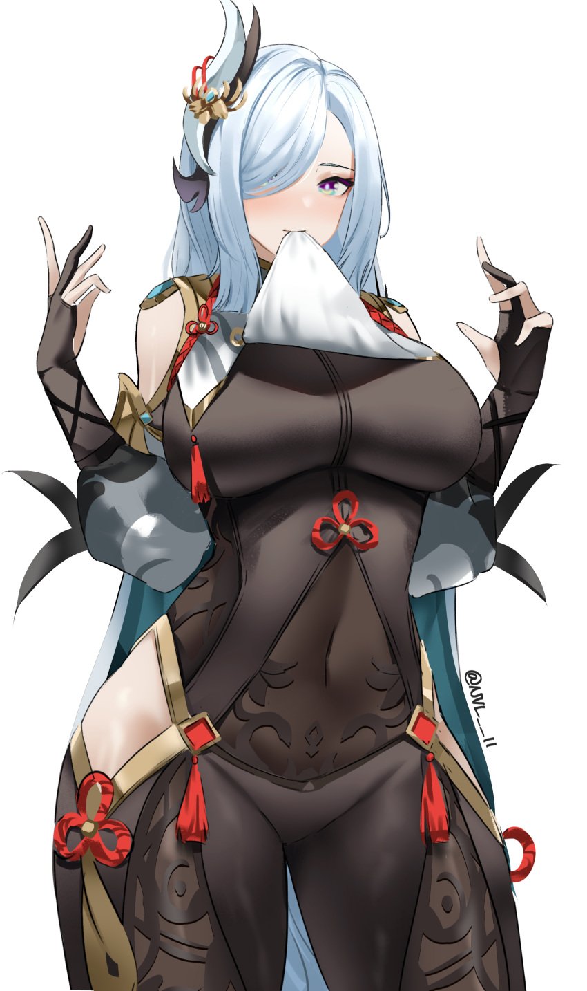 1girls big_breasts blue_eyes curvy curvy_figure female female_only genshin_impact large_breasts long_hair looking_at_viewer nvl shenhe_(genshin_impact) solo solo_female thick thick_thighs voluptuous white_hair