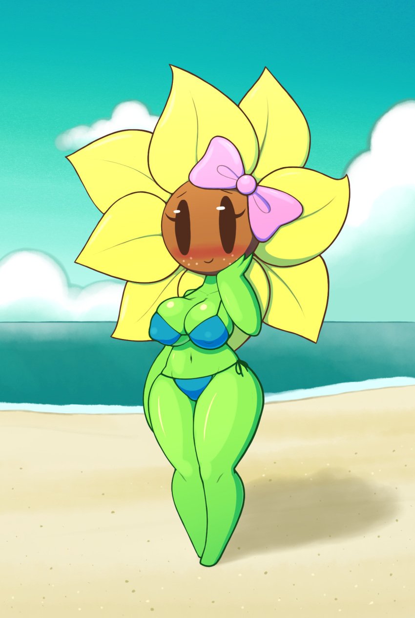 1girls 2018 anthro anthro_only anthrofied bare_shoulders barefoot beach belly belly_button big_breasts bikini black_eyes black_sclera blush blushing bow bra breasts cloud clouds covered_nipples erect_nipples eyebrows eyelashes female female_focus female_only flora_fauna flower_petals freckles full_body green_body green_skin hand_on_head hips hourglass_figure huge_breasts humanoid large_breasts looking_at_viewer navel nipple_bulge nipples_visible_through_clothing no_toes panties petal_(screwroot) petals plant plant_girl plant_humanoid plantie sand screwroot sea seaside shadow sky smile smiling solo solo_female standing sunflower thick thick_thighs thighs toeless topwear underwear water wide_hips