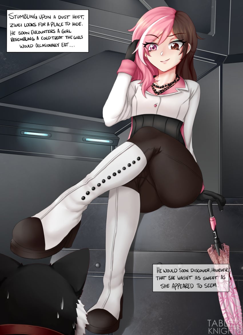 1animal 1boy 1girls bestiality brown_eyes brown_hair canine dialogue heterochromia interspecies long_hair neo_(rwby) pink_eye pink_hair rwby sitting smile smiling smug sweat sweatdrop tabletknight text text_box thick_thighs thighs zoophilia zwei