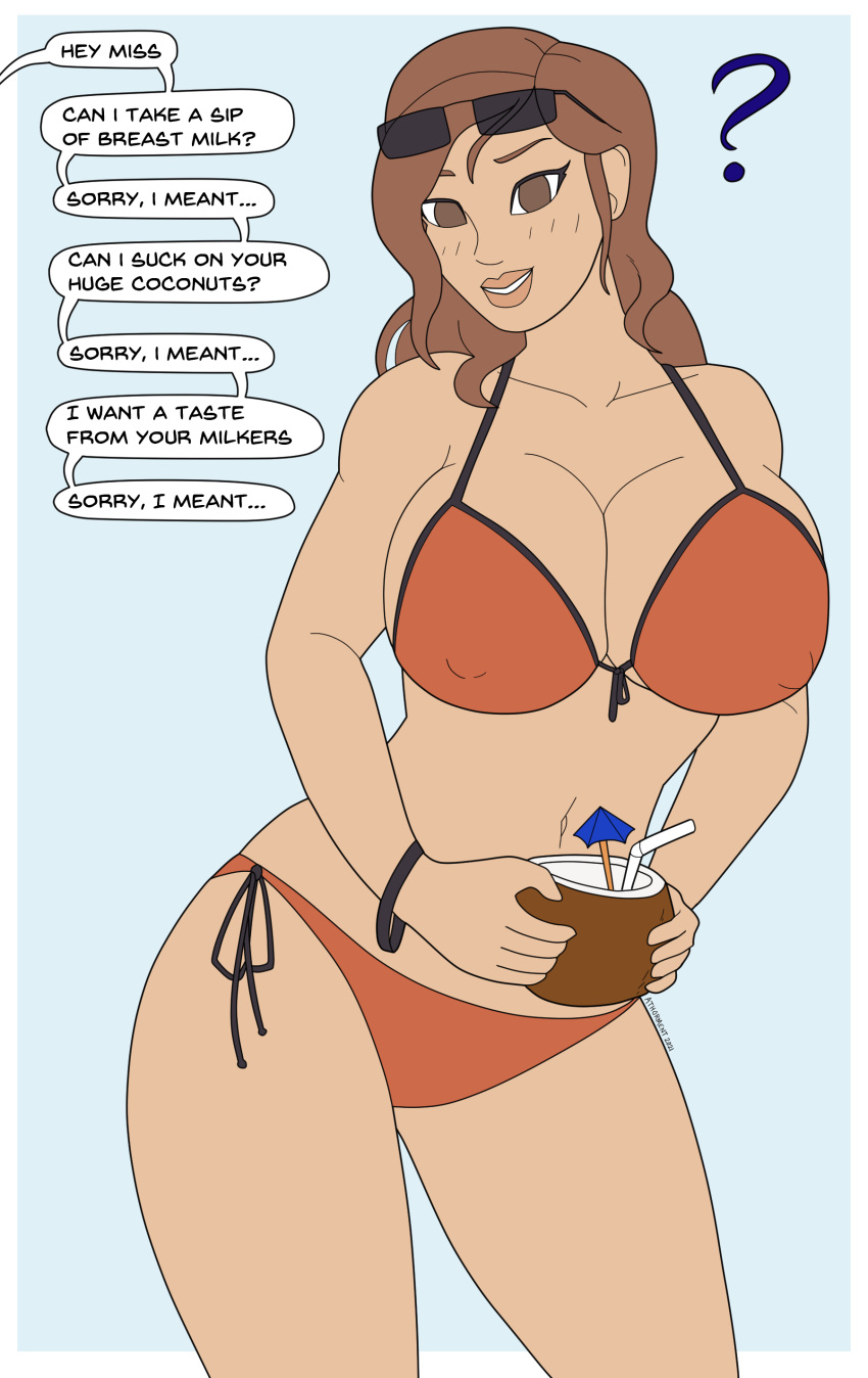 1girls athorment big_breasts bikini brown_eyes brown_hair cleavage coconut dialogue evelyn_(athorment) evelyn_(athorment)_(female) female female_focus female_only huge_breasts latina long_hair looking_at_viewer pov solo solo_female solo_focus sunglasses sunglasses_on_head