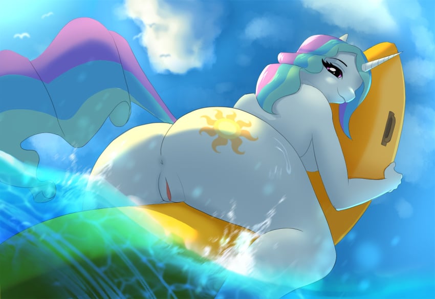 alicorn anthro anus ass banana breasts cutie_mark equid equine exhibitionism female floaty food friendship_is_magic fruit genitals hasbro hellcat120 horn inflatable looking_back low-angle_view mammal my_little_pony nude outside plant pool_toy princess_celestia_(mlp) public public_nudity pussy rear_view solo straddling water wings