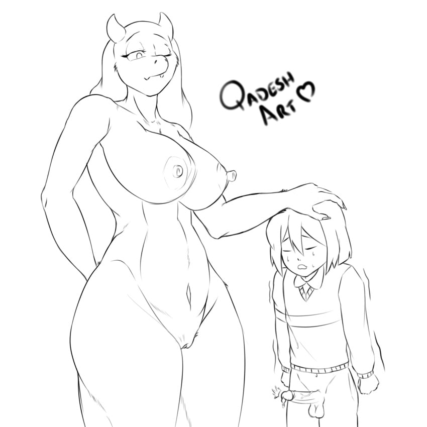 age_difference completely_nude cum diference_size female frisk furry goat goat_horns goat_humanoid horns male milf precum qadeshart size_difference toriel undertale undertale_(series) voluptuous wide_hips