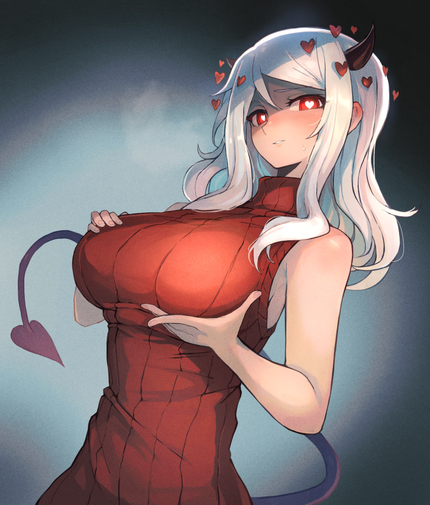 1girls bangs bare_arms bare_shoulders black_horns blush breasts closed_mouth commentary demon_girl demon_horns demon_tail gradient gradient_background hands_on_own_breasts hands_up heart heart-shaped_pupils helltaker highres horns large_breasts long_hair looking_at_viewer modeus_(helltaker) ohako_(ohako1818) red_eyes red_sweater ribbed_sweater sleeveless smile solo straight_hair sweatdrop sweater symbol-shaped_pupils tail turtleneck upper_body