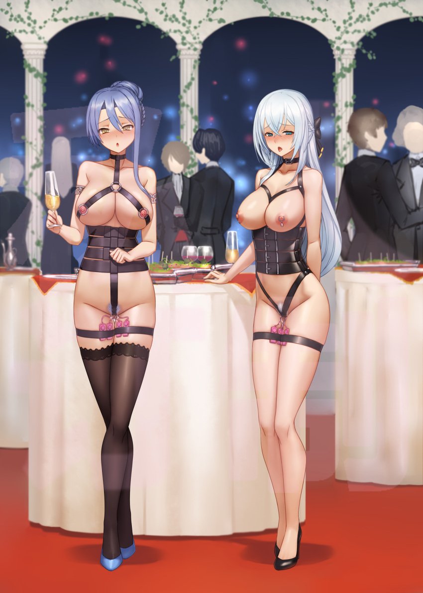 2girls alcohol black_legwear blue_eyes blue_hair blush bondage breasts breasts_out champagne champagne_flute choker collar corset eiyuu_densetsu embarrassed exhibitionism female femsub food formal high_heels humiliation laura_s._arseid legend_of_heroes legs_tied legs_together long_hair looking_at_viewer multiple_boys multiple_girls multiple_subs nipple_piercing nipples nude o-ring open_mouth party pubic_hair public public_nudity qingmingtongzi shizuna_rem_misurugi silver_hair stockings thighhighs tongue tongue_out vibrator vibrator_cord vibrator_in_pussy wet_pussy wine wine_glass yellow_eyes