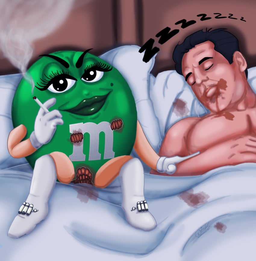 1boy 1girls bed bed_sheet bedroom busted candy caught cheating cheating_husband chocolate cigarette dirty eaten green_skin m&m's meme mms ms._green satisfied sleeping stain thewink what