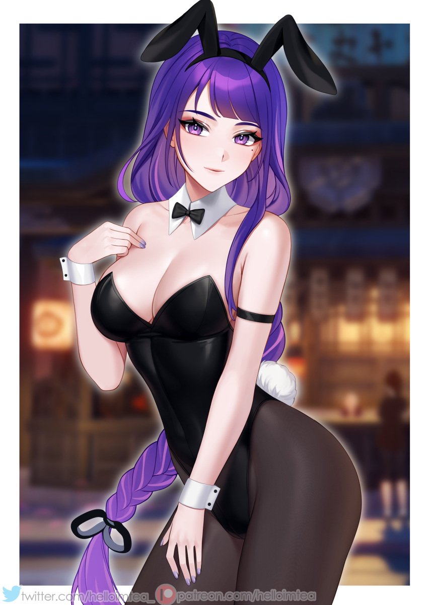 alternate_costume breasts bunny_ears bunny_girl bunnysuit collar female genshin_impact helloimtea long_hair pantyhose purple_hair raiden_shogun solo tagme