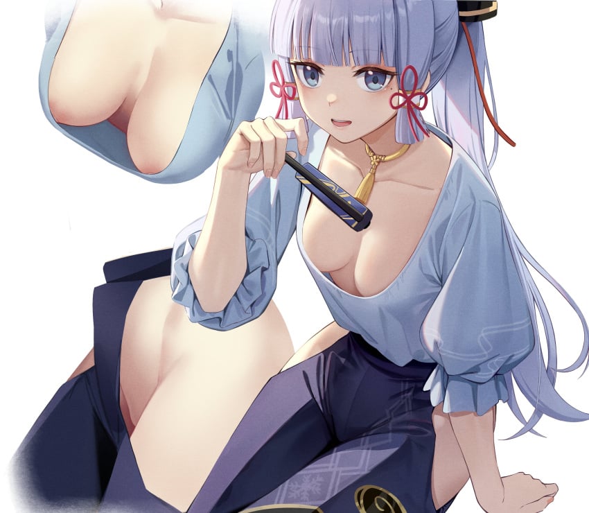 1girls blue_eyes breasts down_blouse fan female female_only folding_fan genshin_impact groin hakama hand_fan hi_res hip_vent japanese_clothes kamisato_ayaka looking_at_viewer medium_breasts mihoyo mole mole_under_eye nipple_slip nipples no_bra no_panties pants ponytail princess smile white_hair yizhirenben