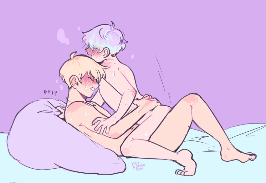 2boys adrian_(boyfriends) blonde_hair blue_hair blush blushing boyfriends_(webtoon) cowgirl_position femboy gay gay_sex grabbing male male_only multicolored_hair necklace pastel pastel_background refrainbow sex sweat sweatdrop vincent_(boyfriends) yaoi