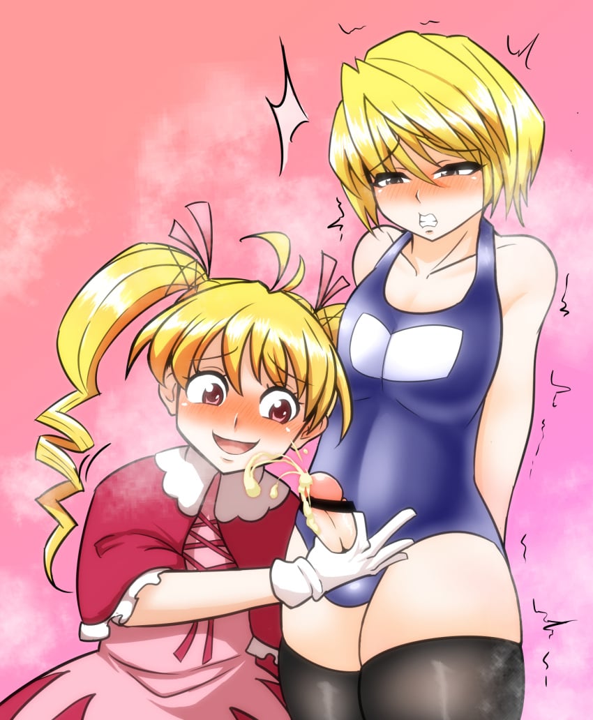 1boy 1girls alternate_version_at_source alternate_version_available biscuit_krueger black_legwear black_thighhighs blonde_female blonde_female/blonde_male blonde_hair breasts cumming female femboy femboy_on_female femboysub femdom hair_ribbons handjob handjob_with_gloves human hunter hunter_x_hunter kurapika light-skinned_female light_skin lolita_fashion long_hair male male/female male_focus malesub mid_orgasm more_at_source orgasm school_swimsuit shounen_jump smirking sukumizu twintails