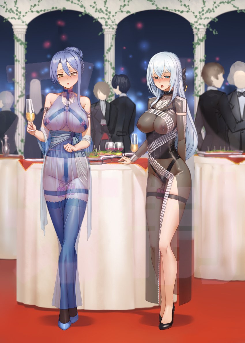 2girls alcohol blue_eyes blue_hair blush bondage bondage_gear bondage_harness bondage_under_clothes breasts breasts_out champagne champagne_flute choker collar corset drinking_glass edit eiyuu_densetsu embarrassed female femsub food formal high_heels humiliation laura_s._arseid legend_of_heroes legs_tied legs_together long_hair looking_at_viewer multiple_boys multiple_girls multiple_subs nipple_piercing open_mouth party pubic_hair public public_nudity qingmingtongzi see-through see-through_clothing shizuna_rem_misurugi side_slit silver_hair stealth_masturbation stealth_sex stockings tongue tongue_out transparent_clothing vibrator vibrator_cord vibrator_in_pussy vibrator_under_clothes wet_pussy wine wine_glass x-ray yellow_eyes