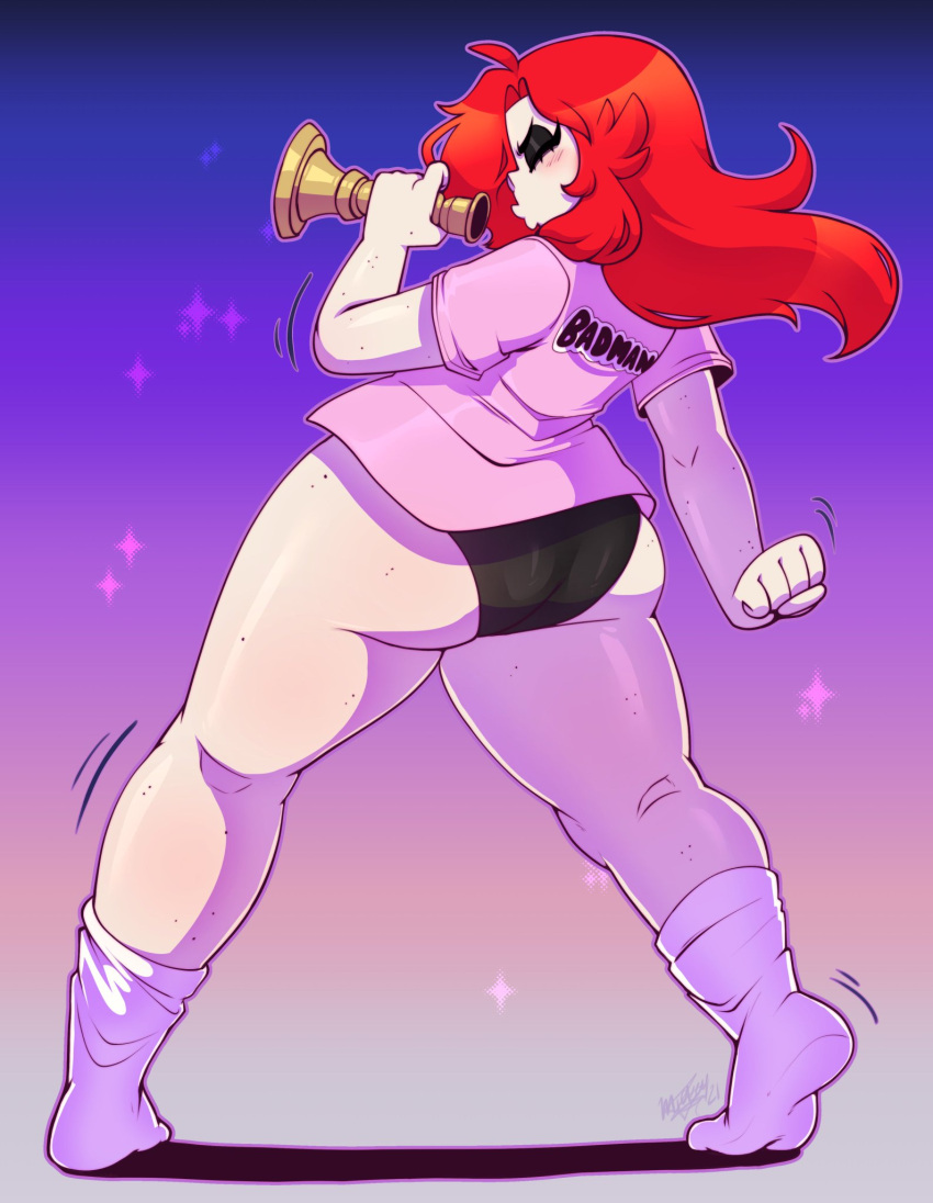 1girls big_ass big_thighs chubby chubby_female female freckles long_red_hair loose_shirt pale-skinned_female panties red_eyes red_hair socks thick_thighs toon_michaela toxicsoul77