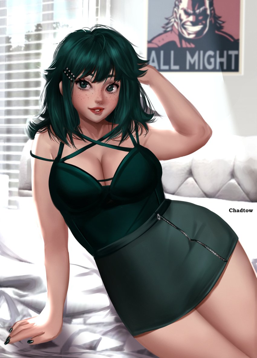 all_might alternate_version_available chadtow cleavage deku female female_deku fully_clothed genderswap genderswap_(mtf) green_dress green_eyes green_hair hand_behind_head huge_ass huge_breasts izuku_midoriya my_hero_academia rule_63 thick_thighs wide_hips