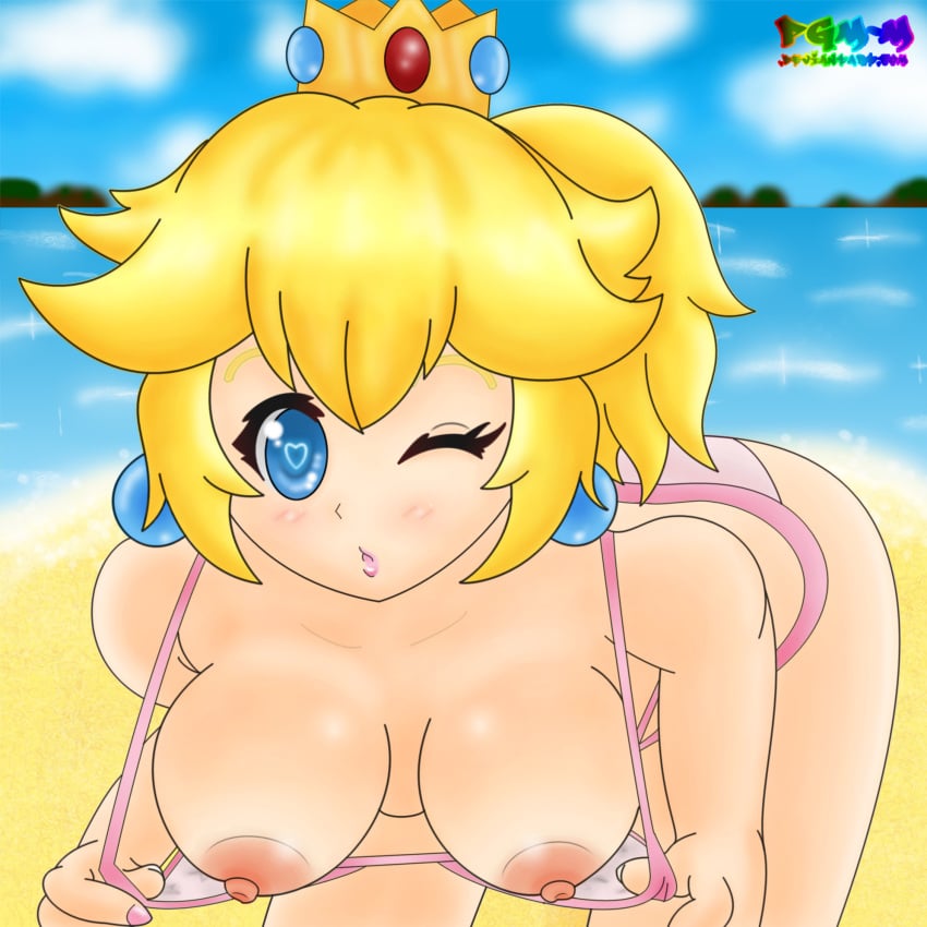 bikini blonde_hair blue_eyes crown earrings exhibitionism exposed_breasts heart-shaped_pupils large_breasts mario_(series) pgm-m princess_peach swimsuit wink