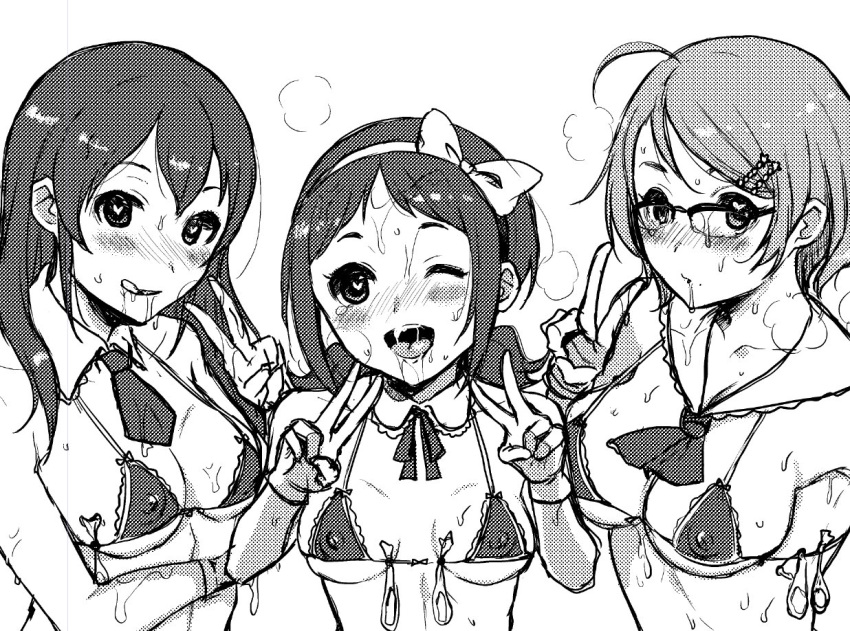 ahoge bikini bow_hairband condom condom_belt double_v glasses greyscale hair_ornament hairband hairpin heart heart-shaped_pupils idolmaster idolmaster_cinderella_girls micro_bikini monochrome multiple_girls muramatsu_sakura necktie new_wave_(idolmaster) ooishi_izumi osomatsu_(nanameno) ribbon sweat swimsuit symbol-shaped_pupils tsuchiya_ako used_condom v