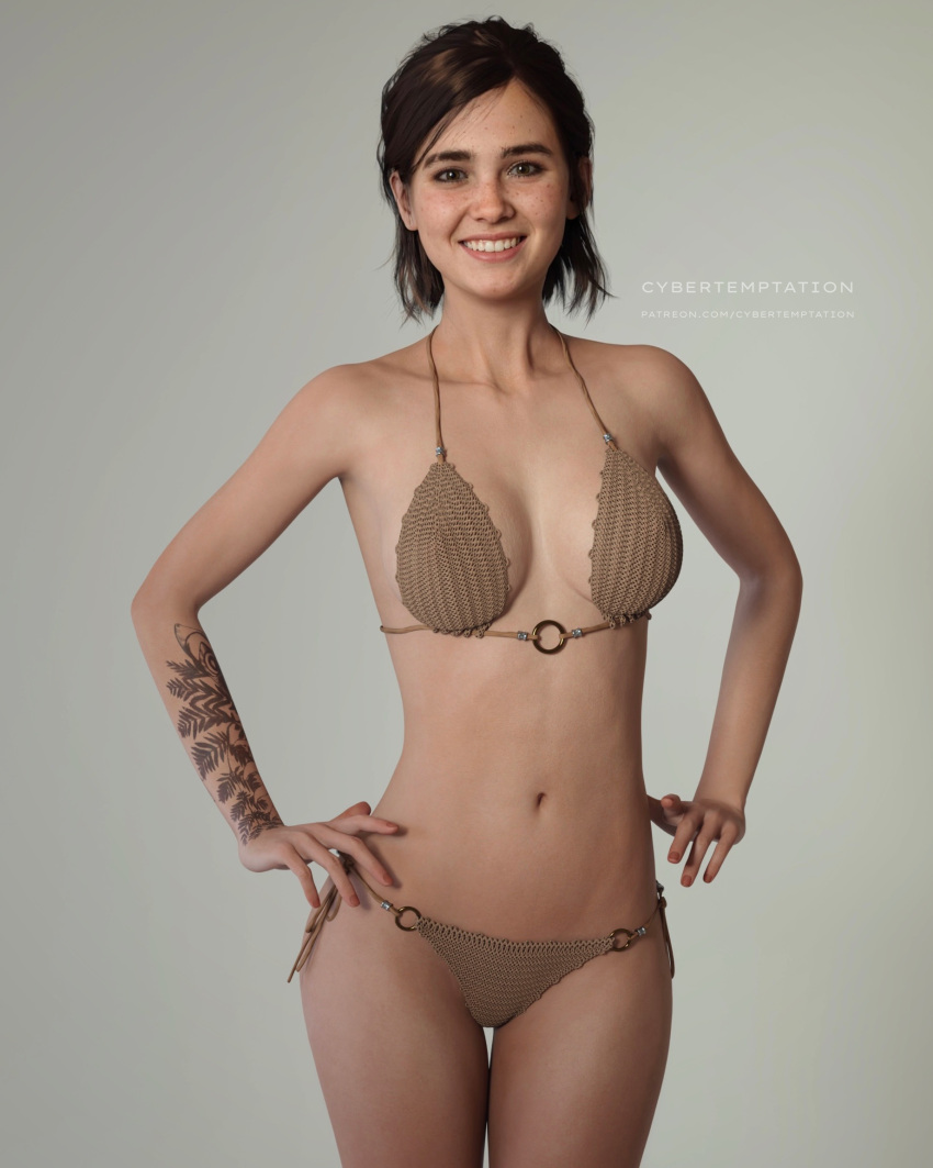 1girls 3d 3d_(artwork) athletic_female belly belly_button bikini bikini_bottom bikini_top brown_bikini brown_hair cleavage cybertemptation ellie_(the_last_of_us) ellie_williams female female_focus female_only freckles hand_on_hip hi_res hourglass_figure inner_sideboob looking_at_viewer medium_breasts naughty_dog navel nipple_bulge panties short_hair side-tie_bikini smiling smiling_at_viewer solo solo_female solo_focus swimsuit tattoo the_last_of_us the_last_of_us_2 thong tied_hair toned_female