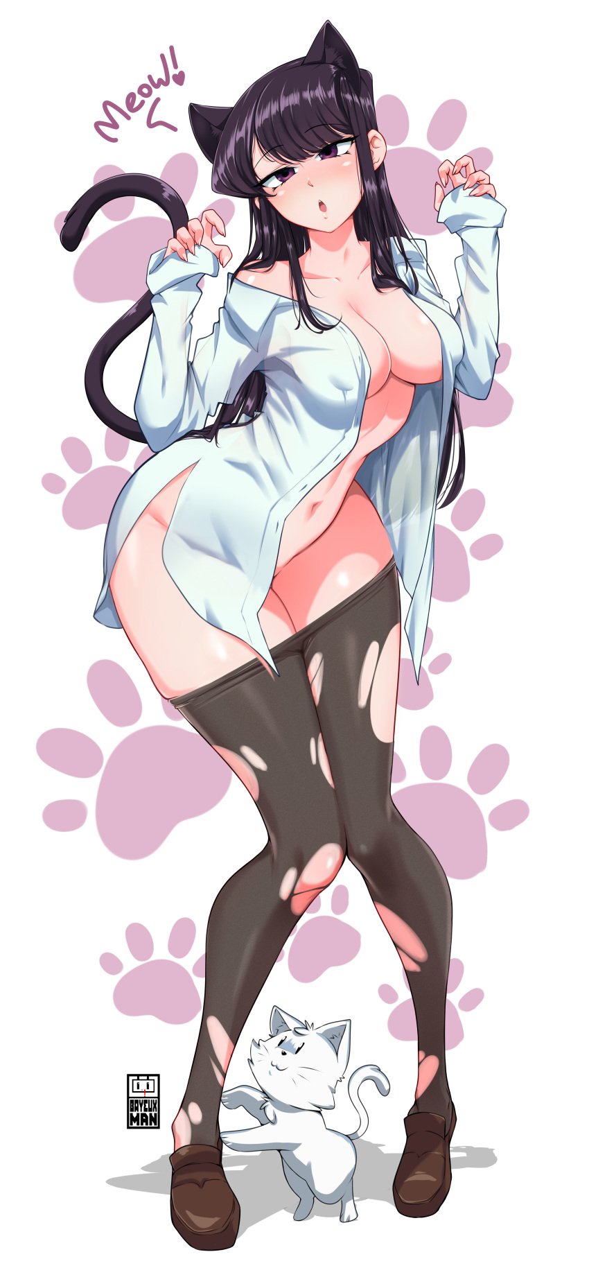 1girls 1other animal_ears bayeuxman black_hair breasts cat cat_ears cat_tail claw_pose cleavage female knees_together_feet_apart komi-san_wa_komyushou_desu komi_shouko long_hair open_shirt pantyhose ripped_clothing ripped_pantyhose solo standing tail thick_thighs thighs torn_clothes