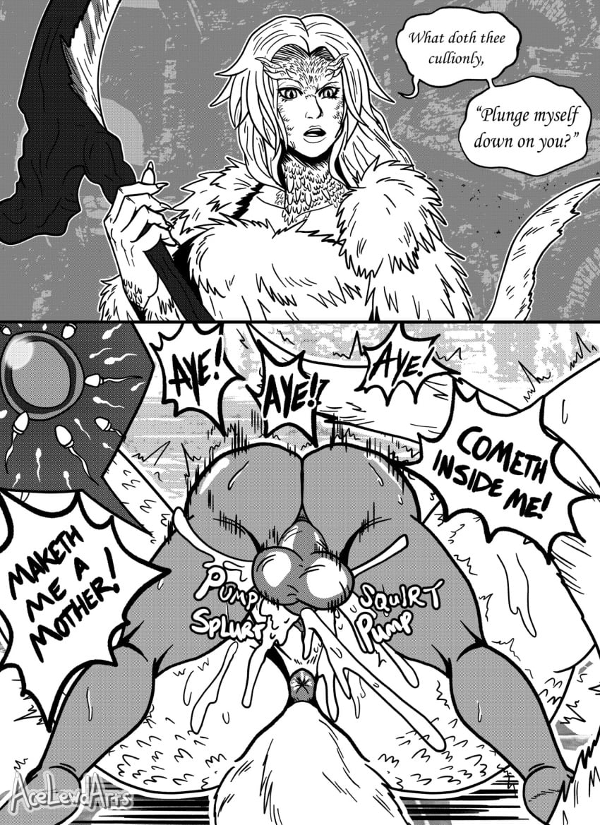 1boy 1girls 2koma acelewdarts anus bandai_namco begging_for_more big_ass big_girl big_sub_small_top bubble_ass bubble_butt claws crossbreed_priscilla cum cum_in_pussy cum_inside dark_souls digital_media_(artwork) dragon_girl dragon_tail english_text female fertilization fromsoftware fur impregnation impregnation_request instant_loss instant_loss_2koma larger_female male mating_press monochrome monster_girl nightmare_waifu ovum scythe slit_pupils smaller_male sperm_cell tail text white_hair