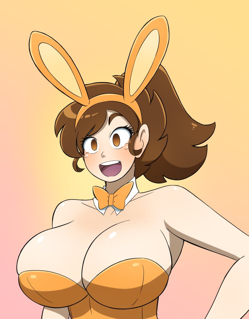 armpits bimbo bunny_costume bunny_ears bunnysuit empty_eyes huge_breasts kobi-tfs kobi_(kobi) leotard orange_leotard original smile