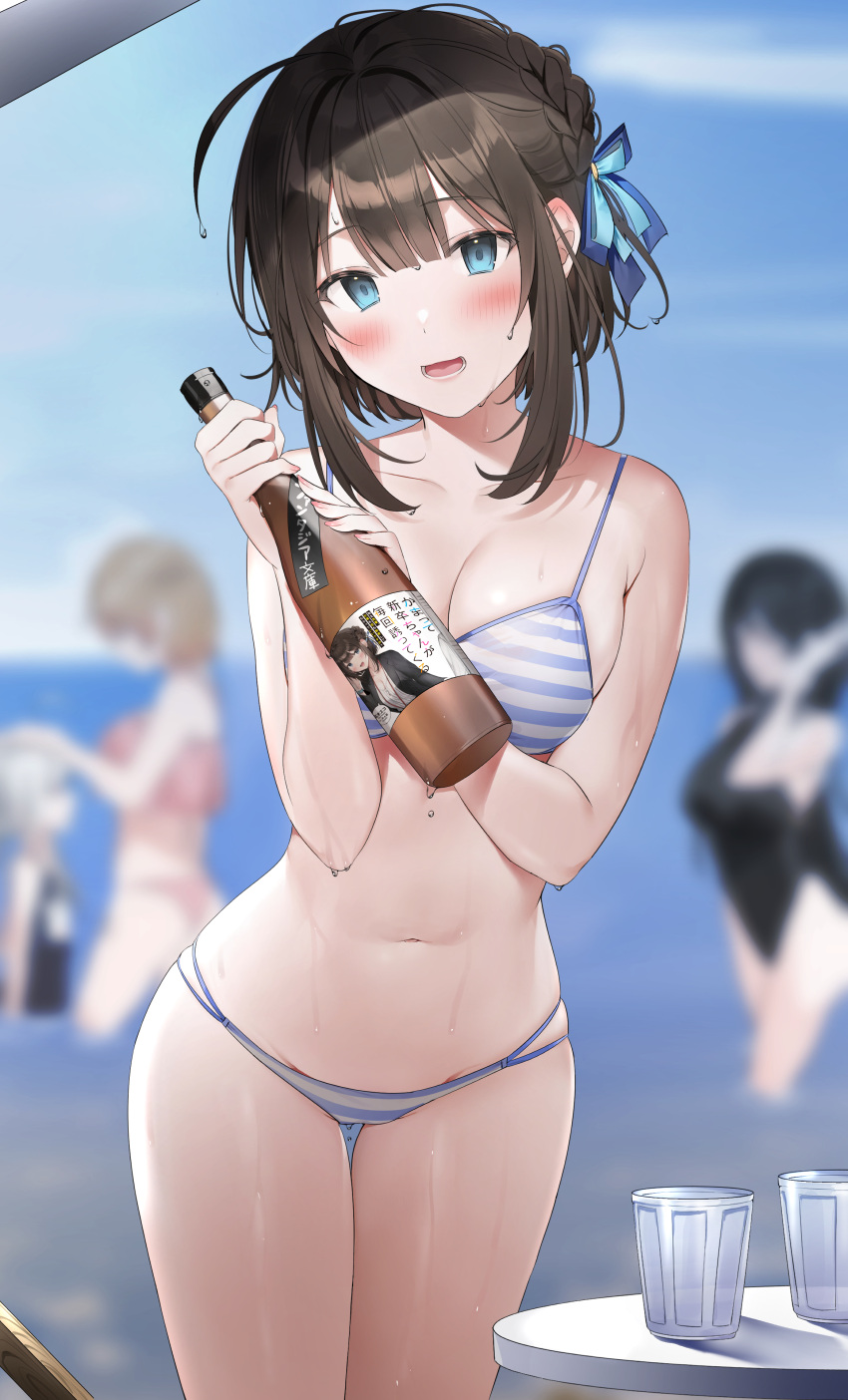 1girls 4girls bikini blue_bikini blue_bow blue_eyes blue_striped_bikini blurry_background blush dark_hair drinking_glass drip dripping female glass multiple_girls original original_character water_drop wet wine wine_bottle xretakex