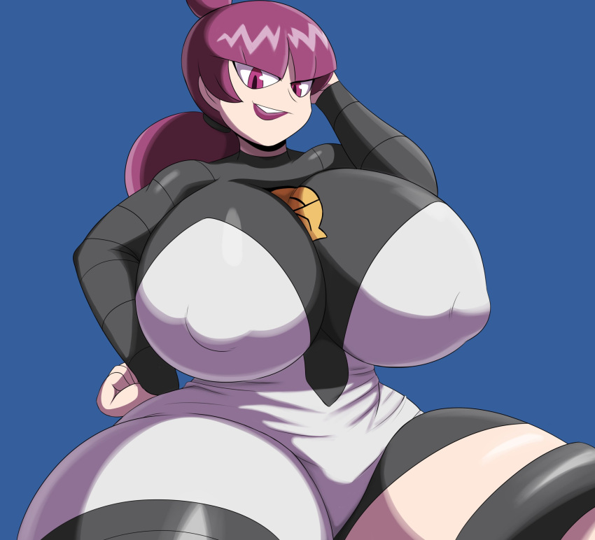 1girls bangs big_breasts bodysuit breasts ceres_(pokémon) clothed clothed_female curvy female female_only hand_on_hip huge_breasts human human_only jupiter_(pokemon) large_breasts looking_at_viewer low_ponytail mechspazer nintendo nipple_bulge open_mouth pokemon pokemon_dppt ponytail purple_eyes purple_hair seductive seductive_look short_hair smile solo solo_female team_galactic thick_thighs tied_hair uniform wide_hips