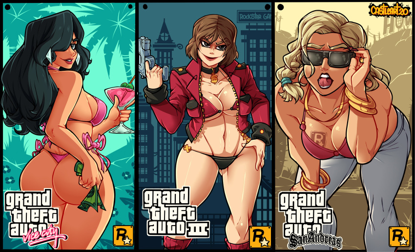 3girls adjusting_eyewear adjusting_glasses adjusting_sunglasses ass big_ass big_breasts black_hair blonde_hair breasts castleart cleavage dark-skinned_female female female_only grand_theft_auto grand_theft_auto:_san_andreas grand_theft_auto:_vice_city grand_theft_auto_iii jacket latina light-skinned_female misty_(gta) navel prostitute rear_view red_hair rochell’le rockstar_games sunglasses thick_thighs thong tinted_eyewear tongue tongue_out vice_city_cover_girl