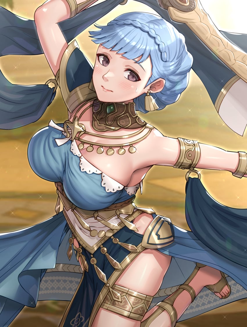 1girls absurdres alternate_costume blue_hair blush blutgang_(fire_emblem) braid breasts crown_braid dancer dancer_(three_houses) dancer_outfit dancing dress female female_only fire_emblem fire_emblem:_three_houses fire_emblem_heroes gladiator_sandals gold_trim gonzarez highres large_breasts looking_at_viewer marianne_(serene_adherent)_(fire_emblem) marianne_von_edmund nintendo official_alternate_costume sandals single-shoulder_dress skindentation solo sword weapon