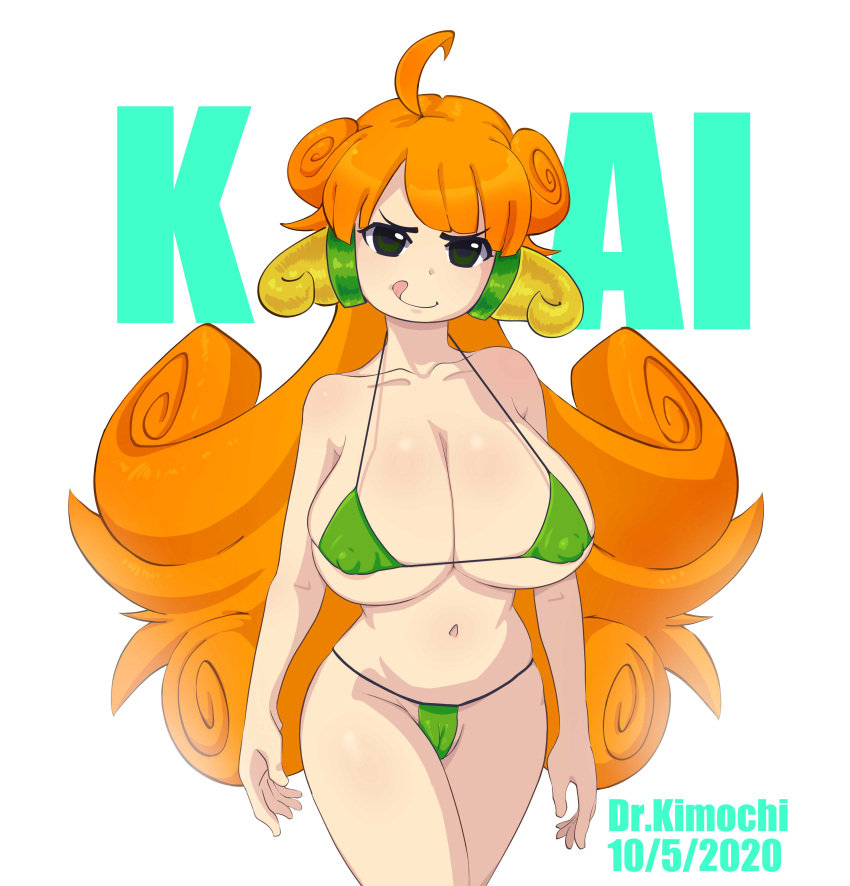 absurdres ahoge bikini breasts curly_hair doctor_kimochi dr.kimochi female green_bikini green_eyes headgear highres hip_focus huge_breasts kai_(battle_cats) kai_(nyanko_daisensou) micro_bikini navel nipples nyanko_daisensou orange_hair pussy smirk swimsuit the_battle_cats tongue tongue_out