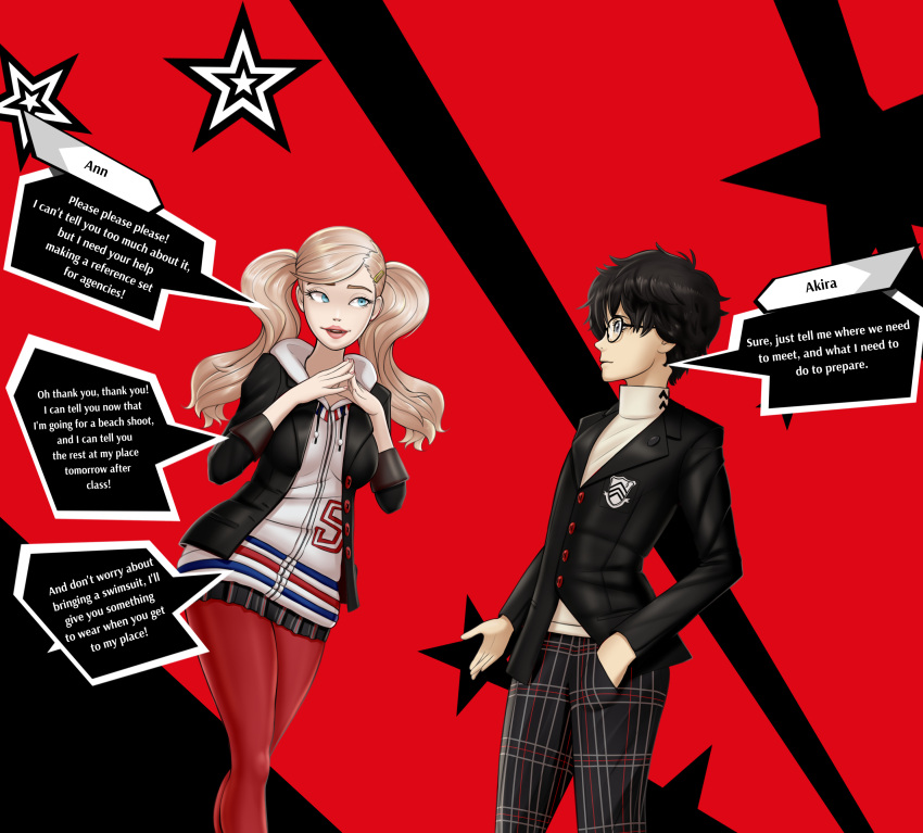 1boy akira_kurusu ann_takamaki blonde_hair clothed clothing dialogue dixieduckart duo english_text female fully_clothed human joker_(persona) large_penis light-skinned_female light-skinned_male light_skin male pale_skin persona persona_5 ren_amamiya speech_bubble standing text