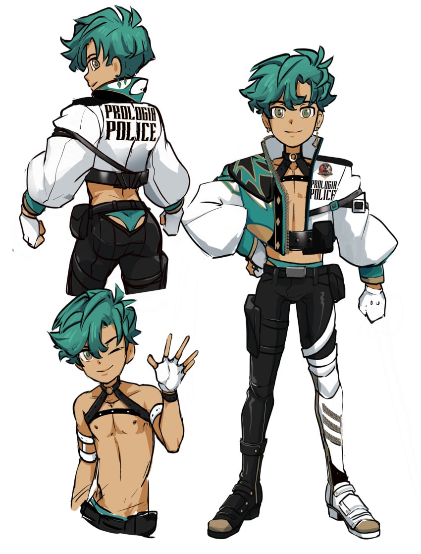 concept_art crop_top f.t.p.h.d. femboy green_hair kotaro_sato lilprincyvi male male_only open_shirt police_uniform teasing twink twitter_user_oc wink