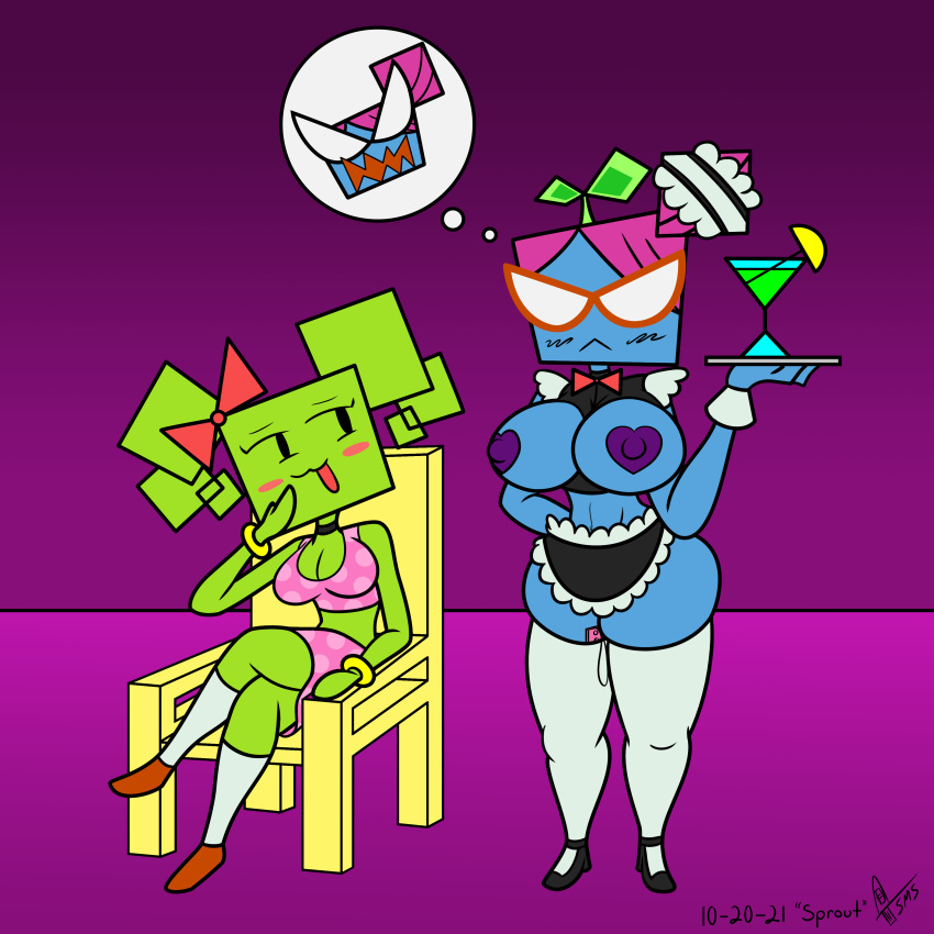 2021 2d 2girls :3 angry big_breasts blue-skinned_female blue_body blue_skin blush body_control bow bowtie bracelet breasts breasts_out breasts_out_of_clothes chair cleavage conscious_in_mind_control female female_focus female_only glasses green-skinned_female green_body green_hair green_skin large_breasts legs_crossed maid maid_uniform mario_(series) mimi_(super_paper_mario) mind_control mob_face monster multiple_girls nastasia nintendo nipples paper_mario pasties pink_hair plant sitting skirt smug super_paper_mario supermoonshroom thick_thighs thighhighs thighs thought_bubble tits tray vibrator watermark white_legwear