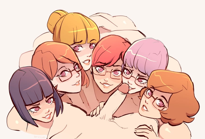 1boy 6girls artist_self-insert beaumont black_hair brellom brellom_(character) brellomascot brells brown_hair elayne_beaumont glasses hi_res huddled_together human hypnosis imminent_fellatio imminent_oral implied_hypnosis light-skinned_female looking_at_viewer mind_control multiple_girls naked_glasses oral penis pink_eyes pov pubic_hair purple_hair red_(brellom) red_hair self_insert short_hair straight white_background