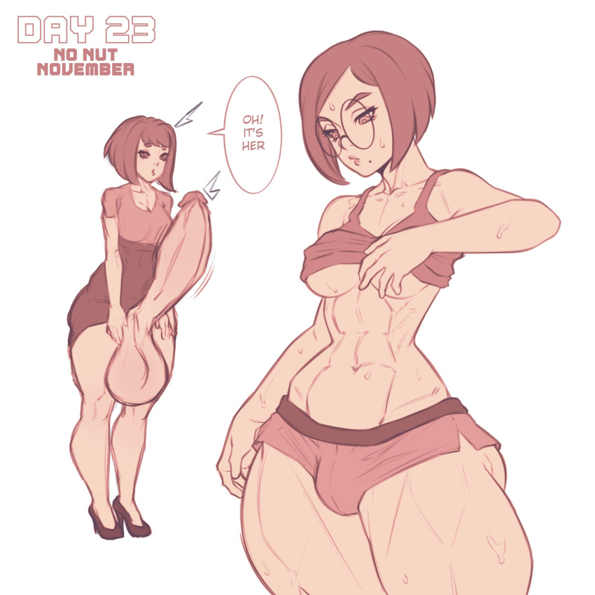 2futas alexandra_(raoky) balls breasts clothed clothing duo erection futa_only futanari glasses huge_balls huge_cock human light-skinned_futanari light_skin mostly_clothed muscular muscular_futanari no_nut_november pale_skin partially_clothed penis raoky ryoko_(raoky) short_hair shorts solo_futa standing sweat thick_thighs underboob wide_hips