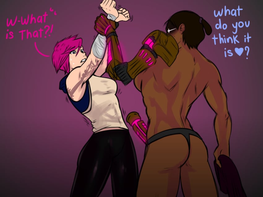 2girls arcane arms_up black_hair blue_eyes clothed_female_nude_female dark-skinned_female faceless female female_only femdom femsub forced forced_yuri helpless imminent_rape imminent_sex league_of_legends light-skinned_female looking_at_penis muscular_female once_(artist) rape restrained scared sevika short_hair strap-on vi violet_hair yuri