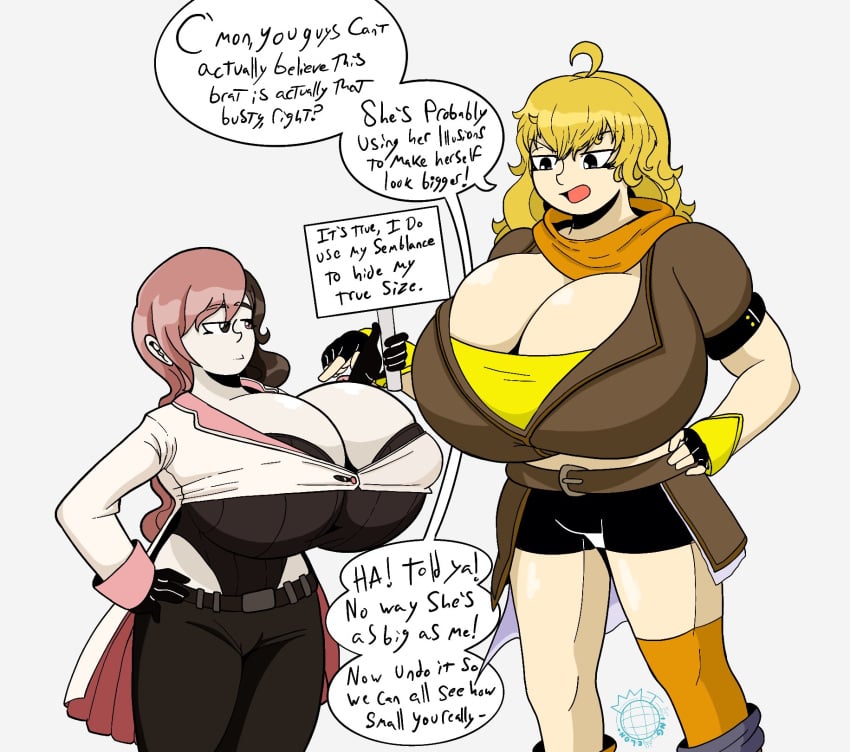 2girls blonde_hair breast_comparison brown_eyes brown_hair clothed clothing heterochromia huge_breasts hyper_breasts kingmelon multicolored_hair multiple_girls neo_(rwby) pink_eyes pink_hair purple_eyes rwby shortstack straining_buttons text yang_xiao_long