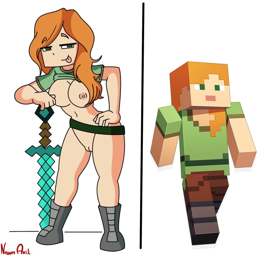 1girls alex_(minecraft) belt bottomless breasts casual character clothing commission female female_only footwear green_eyes half-dressed human minecraft negum_akil no_panties nude nude_female orange_hair pale_skin red_hair redhead solo solo_female square_head sword tagme weapon