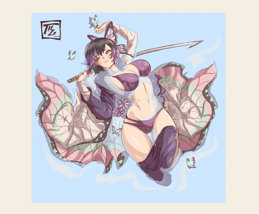 absurd_res big_breasts black_hair bra butterfly butterfly_hair_ornament cleavage demon_slayer female female_only hamza_touijri haori hi_res hourglass_figure katana kimetsu_no_yaiba kochou_shinobu long_sleeves open_clothes open_shirt panties pants_down partially_submerged purple_bra purple_eyes purple_panties short_hair smile solo sword thigh_gap two_tone_hair very_high_resolution water wide_hips