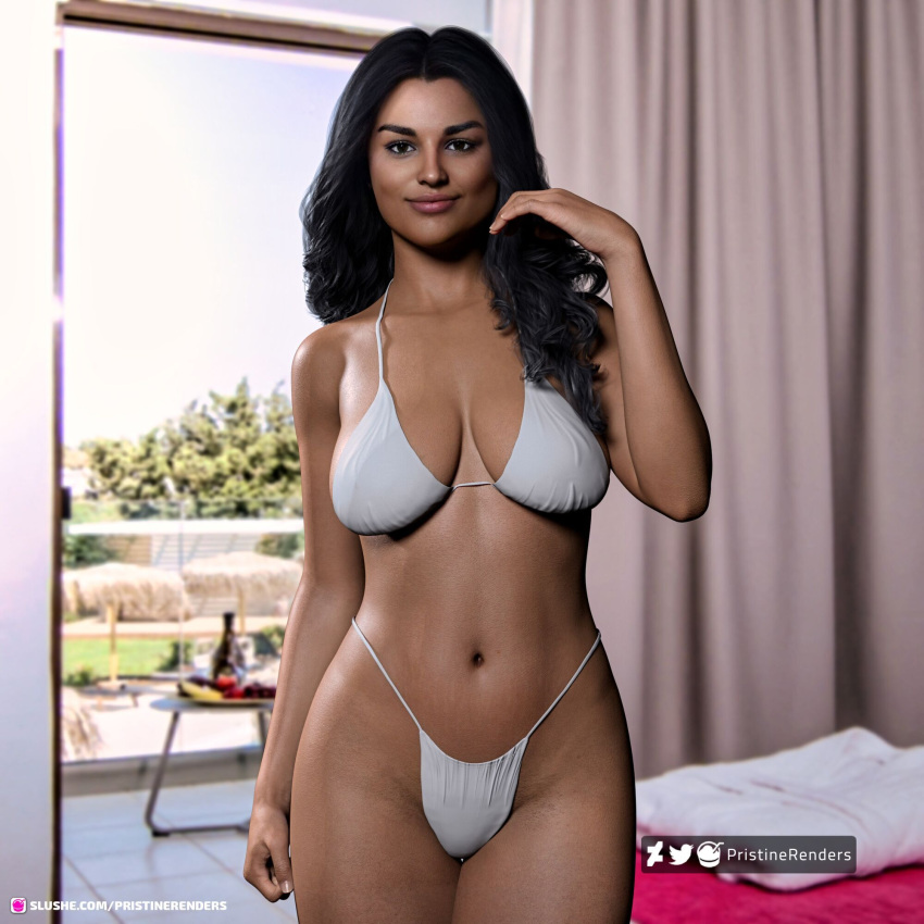 1girls 3d black_hair bra dark-skinned_female dark_skin female female_only large_breasts long_hair looking_at_viewer panties pinup pristinerenders sarah_(pristinerenders) slushe_(website) solo solo_female