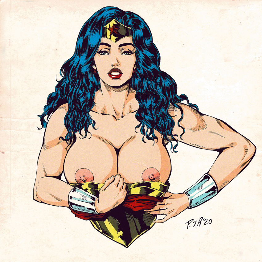 areolae big_breasts breasts breasts_out busty dc dc_comics diana_prince female female_focus female_only hourglass_figure lipstick long_hair nipples pablo_romero pose posing solo superheroine tagme wonder_woman wonder_woman_(series)