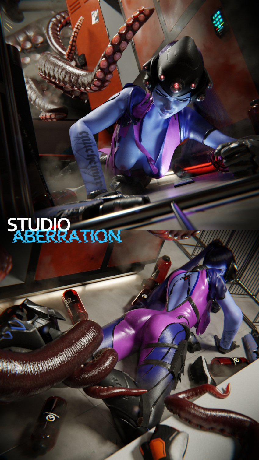 3d boob_window exposed_breasts exposed_nipples inner_sideboob latex_suit locker_room lowres overwatch studioaberration tentacle torn_clothes widowmaker