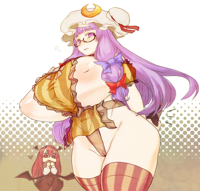 glasses head_wings huge_breasts inverted_nipples koakuma massive_breasts patchouli_knowledge purple_hair sentarou succubus tagme thighhighs touhou