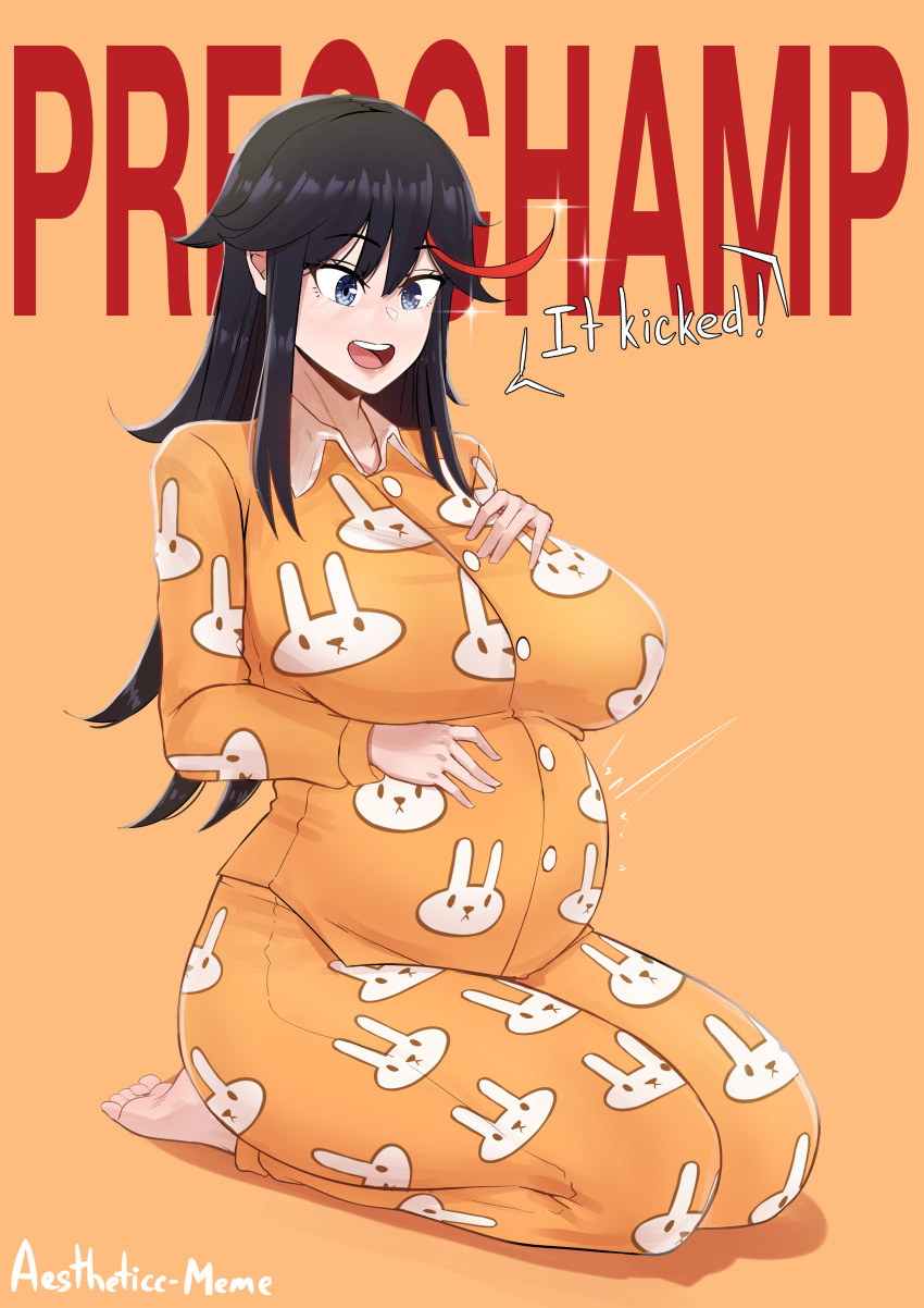 1girls absurd_res aestheticc-meme bangs barefoot belly big_belly big_breasts black_hair blue_eyes breasts bunny_pajamas clothed clothed_female clothing cute female female_focus female_only fetal_movement hand_on_belly hand_on_chest hand_on_own_chest happy kill_la_kill large_belly large_breasts light-skinned_female light_skin long_hair matoi_ryuuko meme my_little_pogchamp_(meme) pajamas pregnant red_highlights solo solo_female solo_focus thick_thighs thighs wholesome